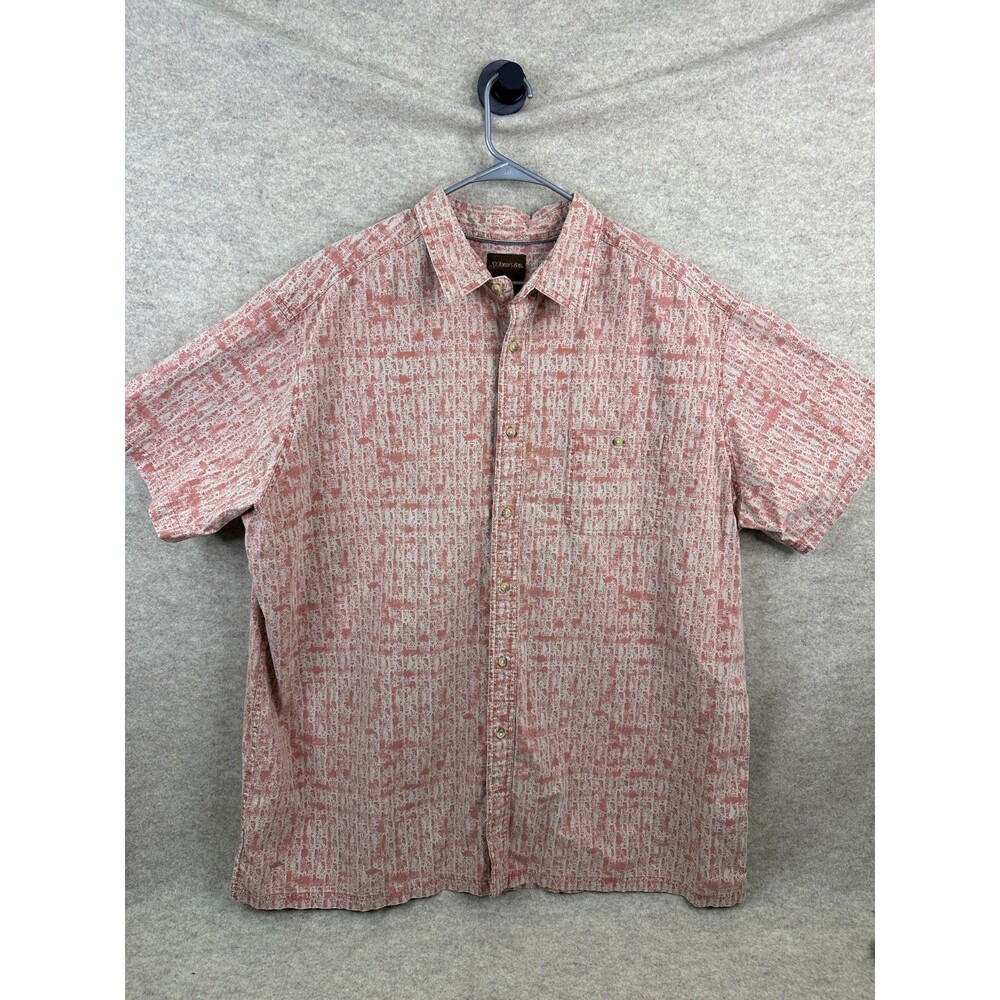 St Johns Bay Mens Short Sleeve Button Down Shirt Red White Abstract Print Casual